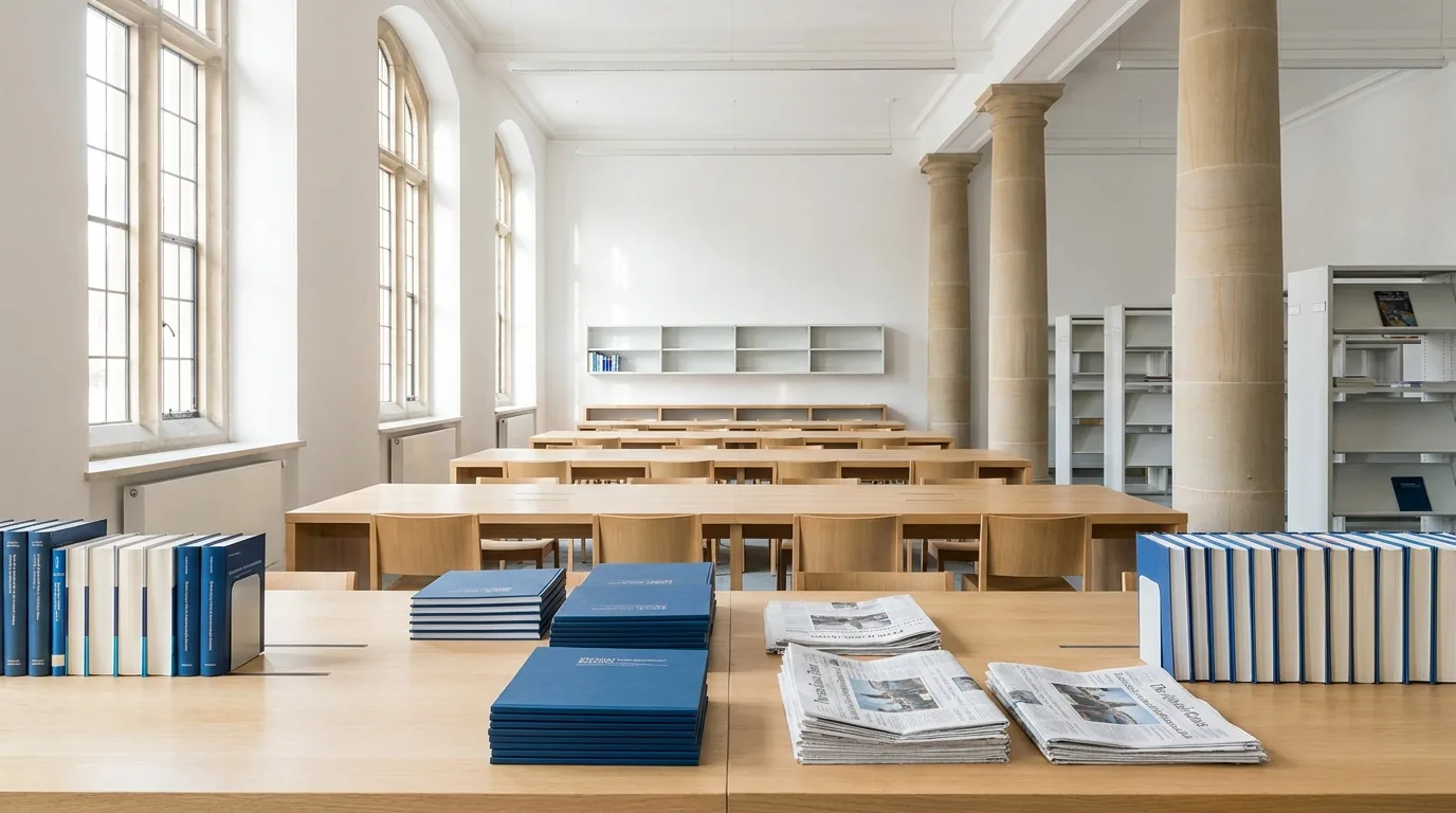 Bright Reading Room | The HE Sector A bright library interior with bookshelves and study desks provides a welcoming space for higher education.