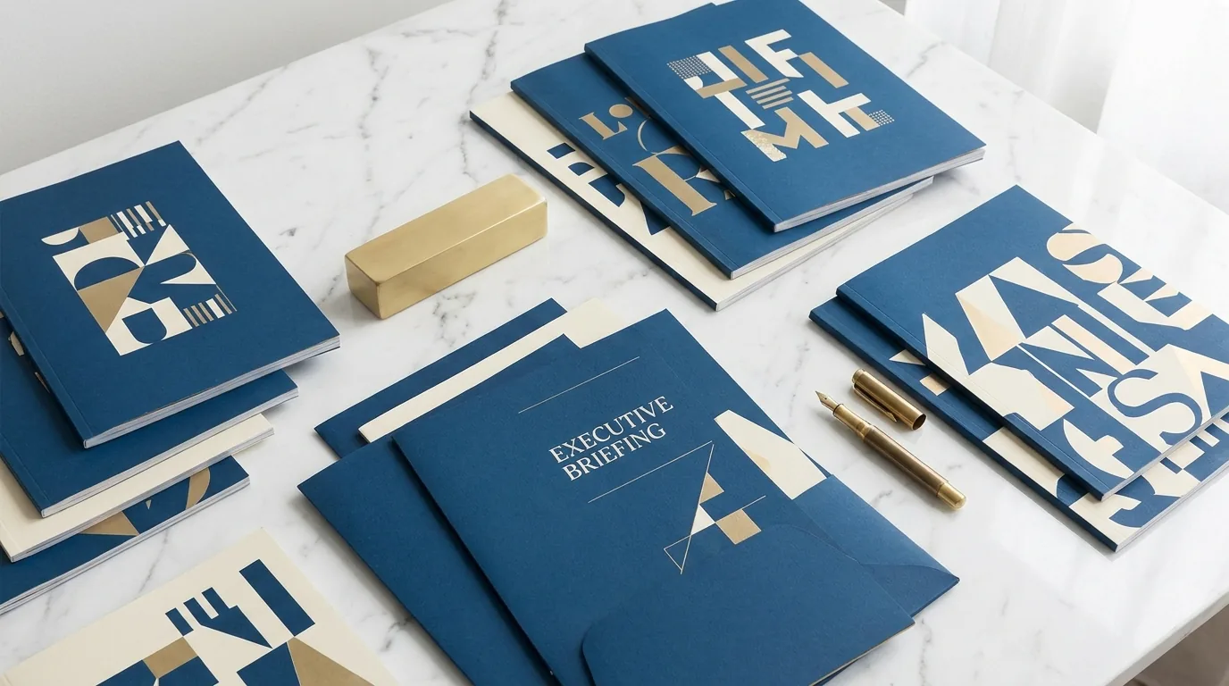 The HE Sector Magazine | The HE Sector Blue and white branded magazine covers are displayed on a marble desk, showcasing executive briefing materials.
